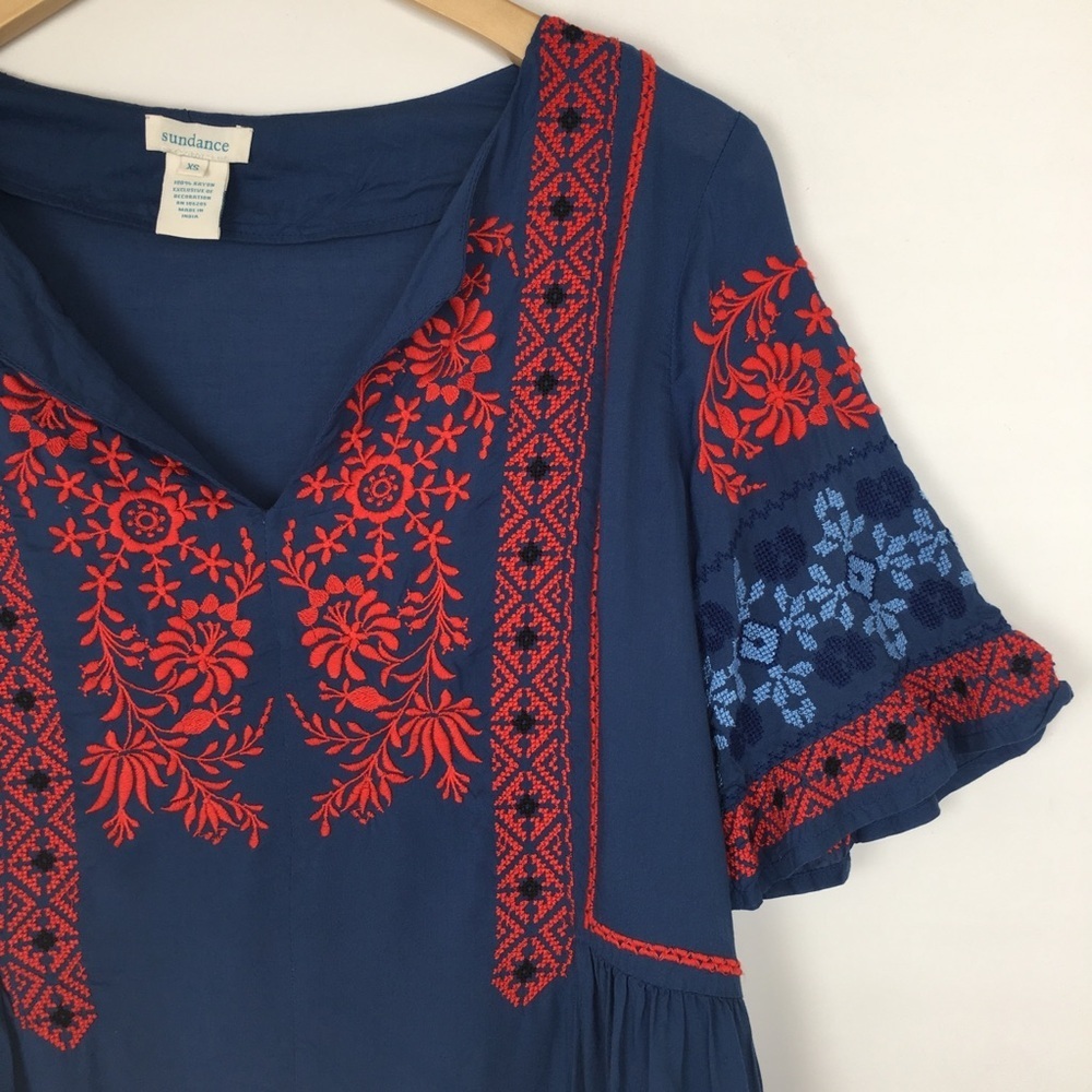 Sundance Fable Embroidered Boho Top Blouse Blue Red Rayon Women’s Size XS - Picture 5 of 10